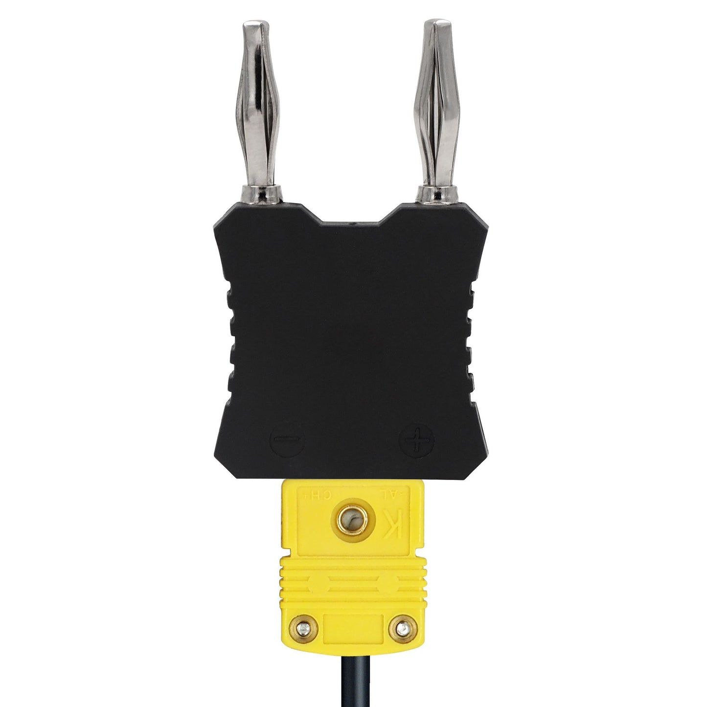 Black probe with two protruding silver metal points and yellow connector beneath