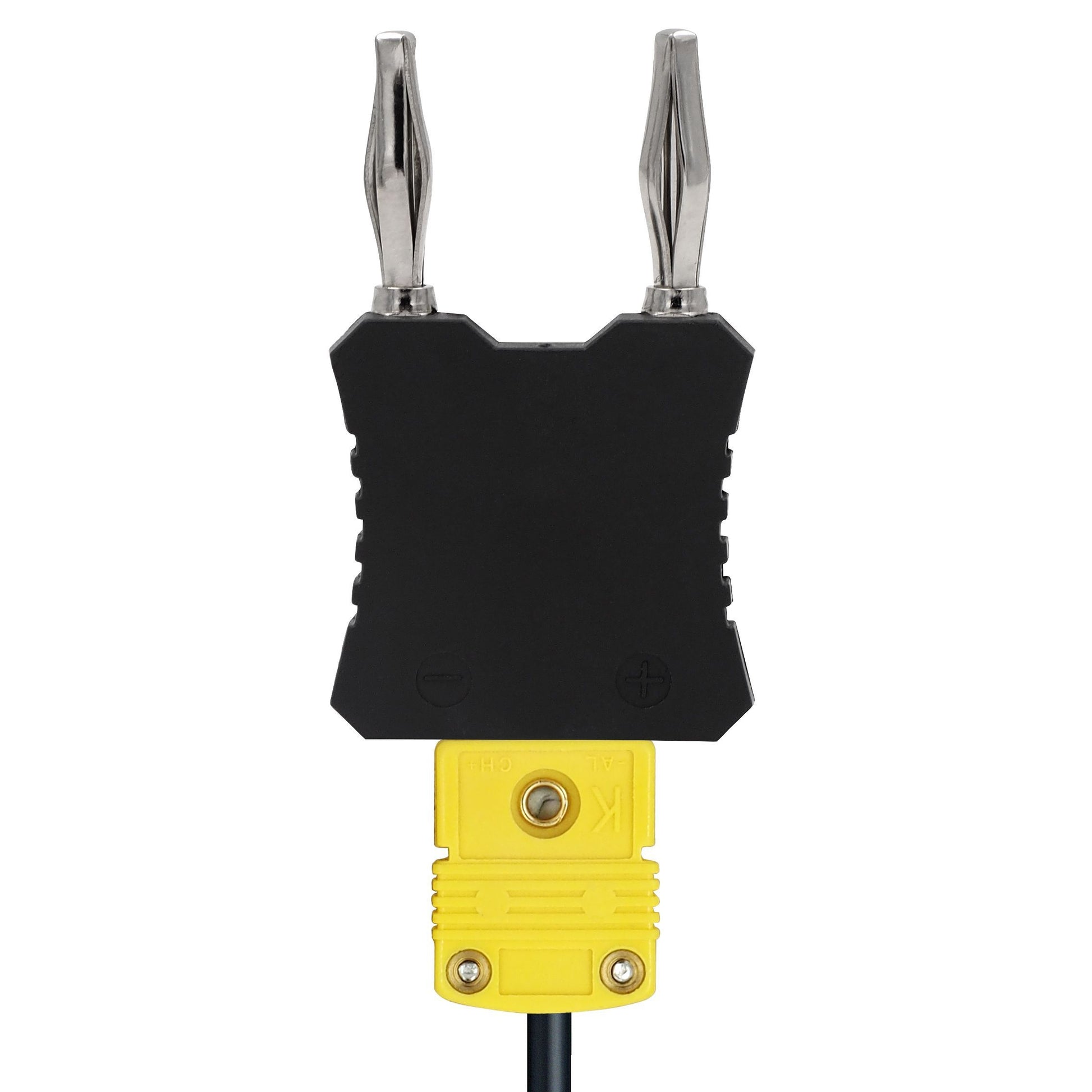 Black probe with two protruding silver metal points and yellow connector beneath