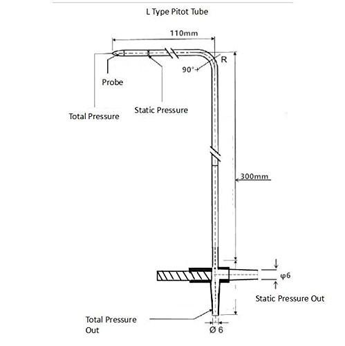 304 Stainless Steel Pitot-Static Tube 300mm x 110mm, Siliver Probe, Length View