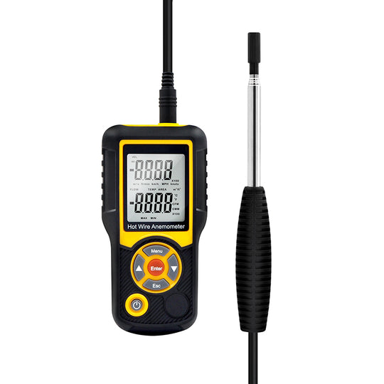 Precise Sensitive Hotwire Thermal Anemometer Probe, black and yellow Device, Front View with wire